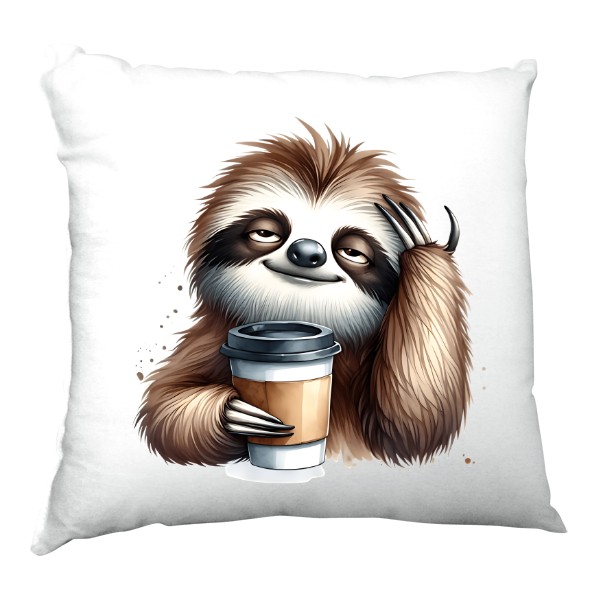 Polštář saténový s potiskem Lenochod s kávou